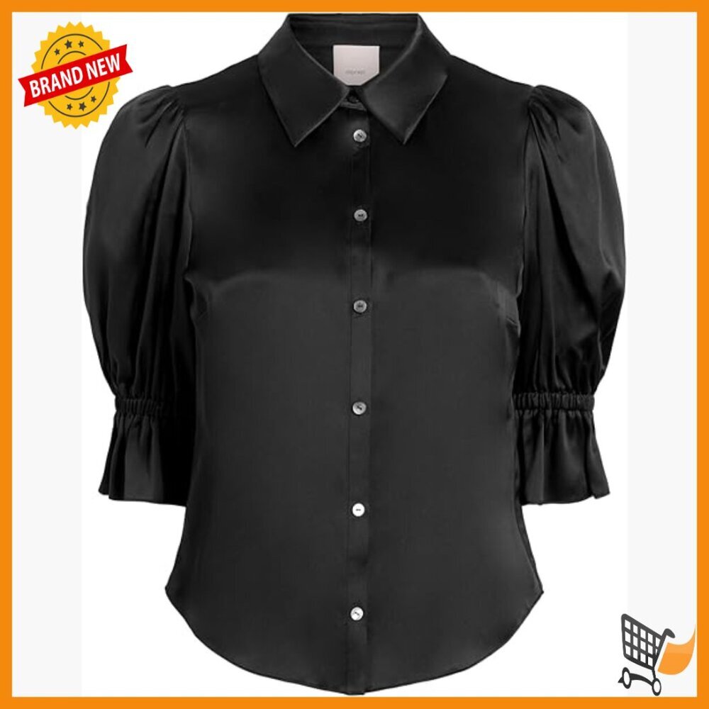 Silk Button-Down Blouse Loose Fit Short Sleeve Collared Top